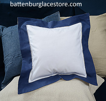 Square pillow sham. White with "TRUE NAVY" color border. 12 SQ.